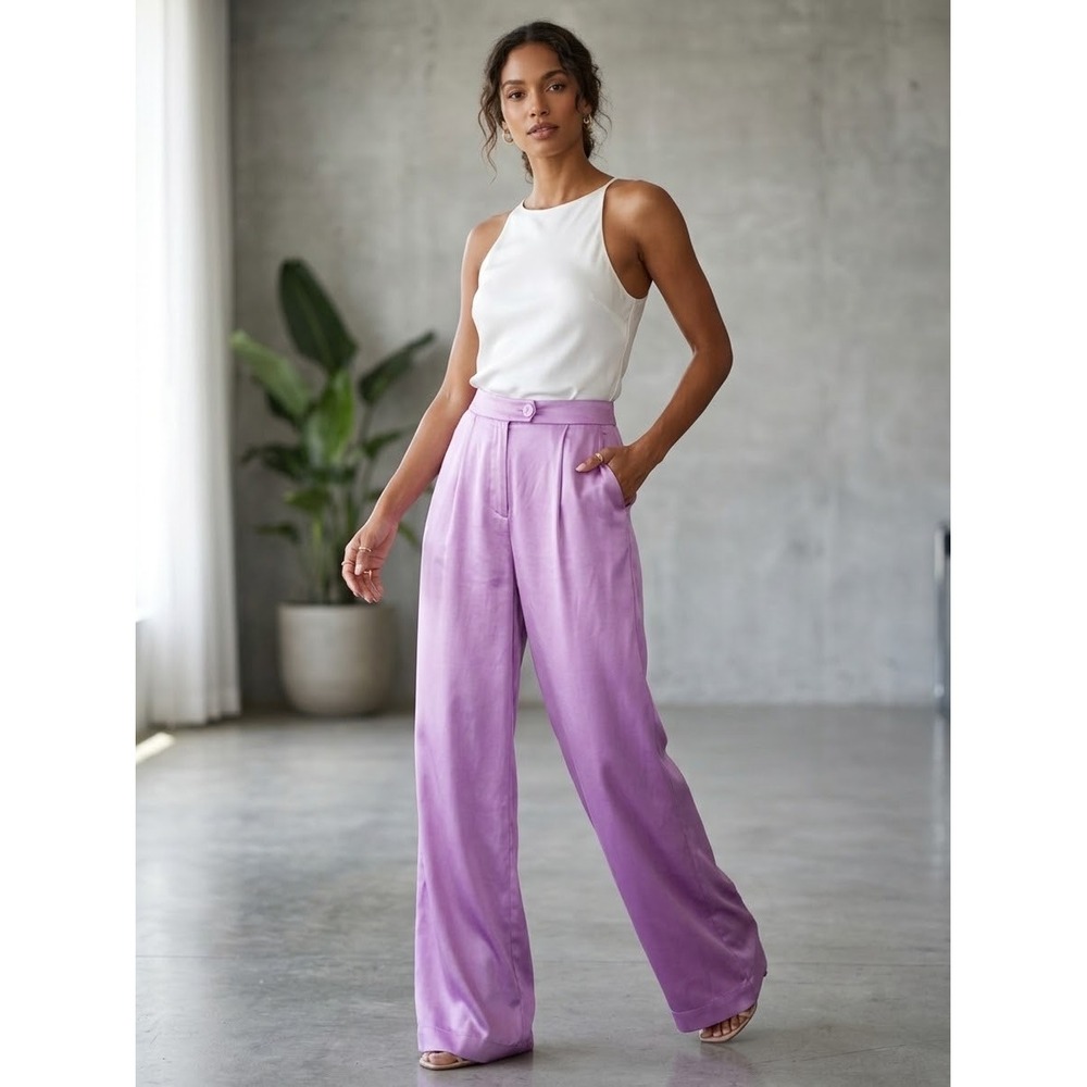 Corey Lynn Calter Purple Satin Wide Leg Pants High Waist Trousers
